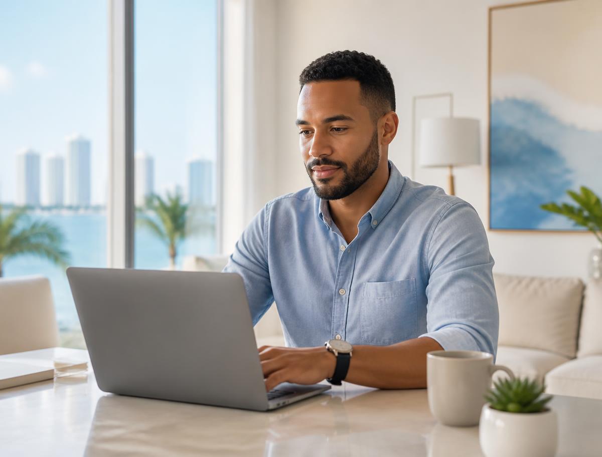 A man working from a bright Miami apartment while accessing online healthcare on his laptop